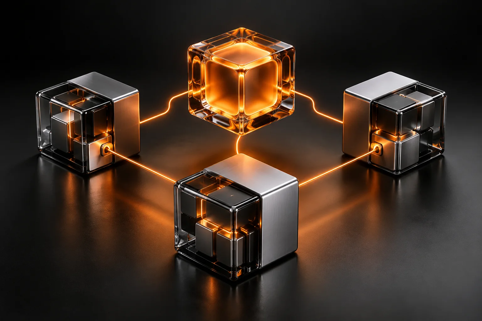 Módulos de metal e vidro conectados por caminhos de luz laranja