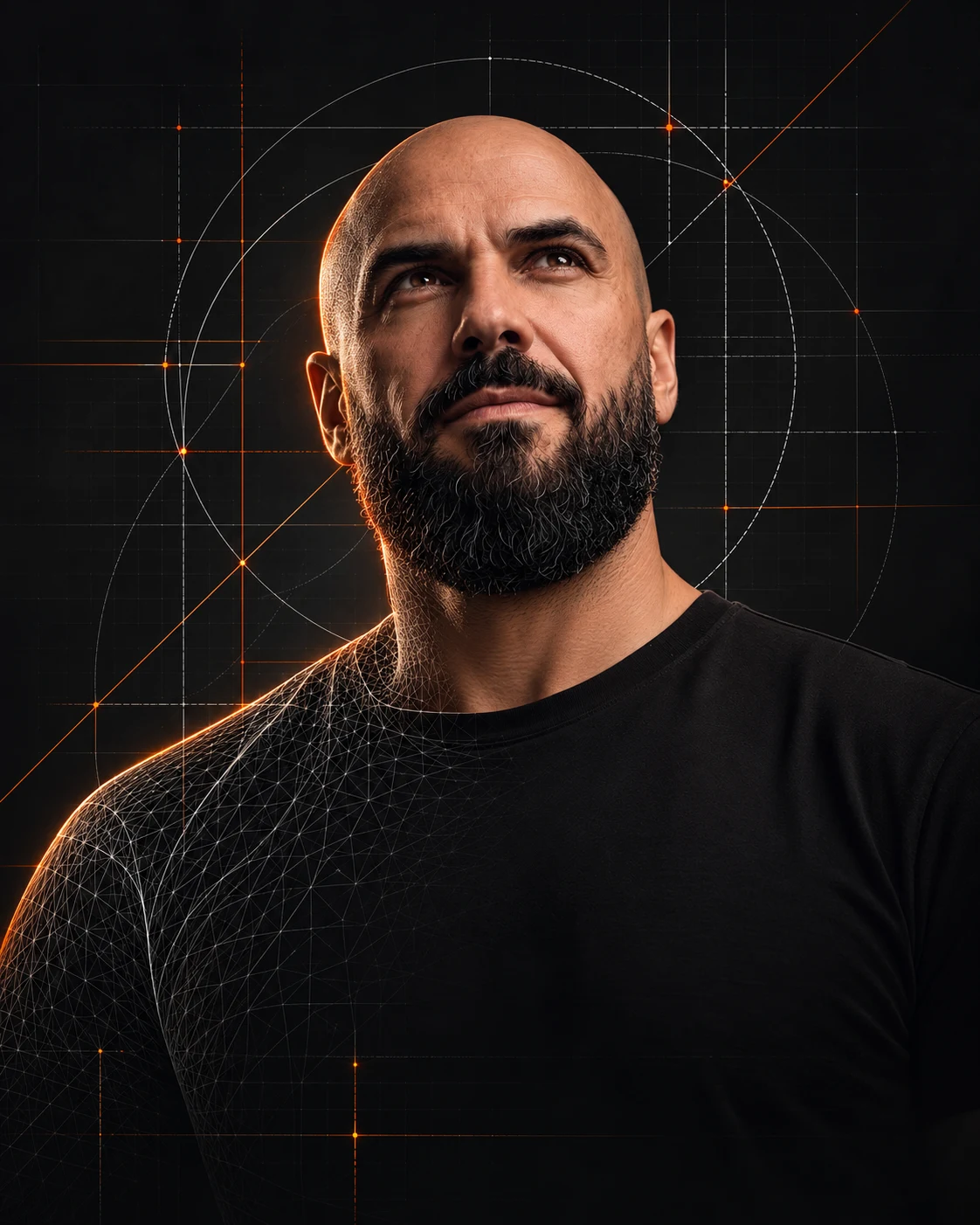 Fabio Galuppi em um retrato com malha 3D, linhas técnicas e detalhes em laranja