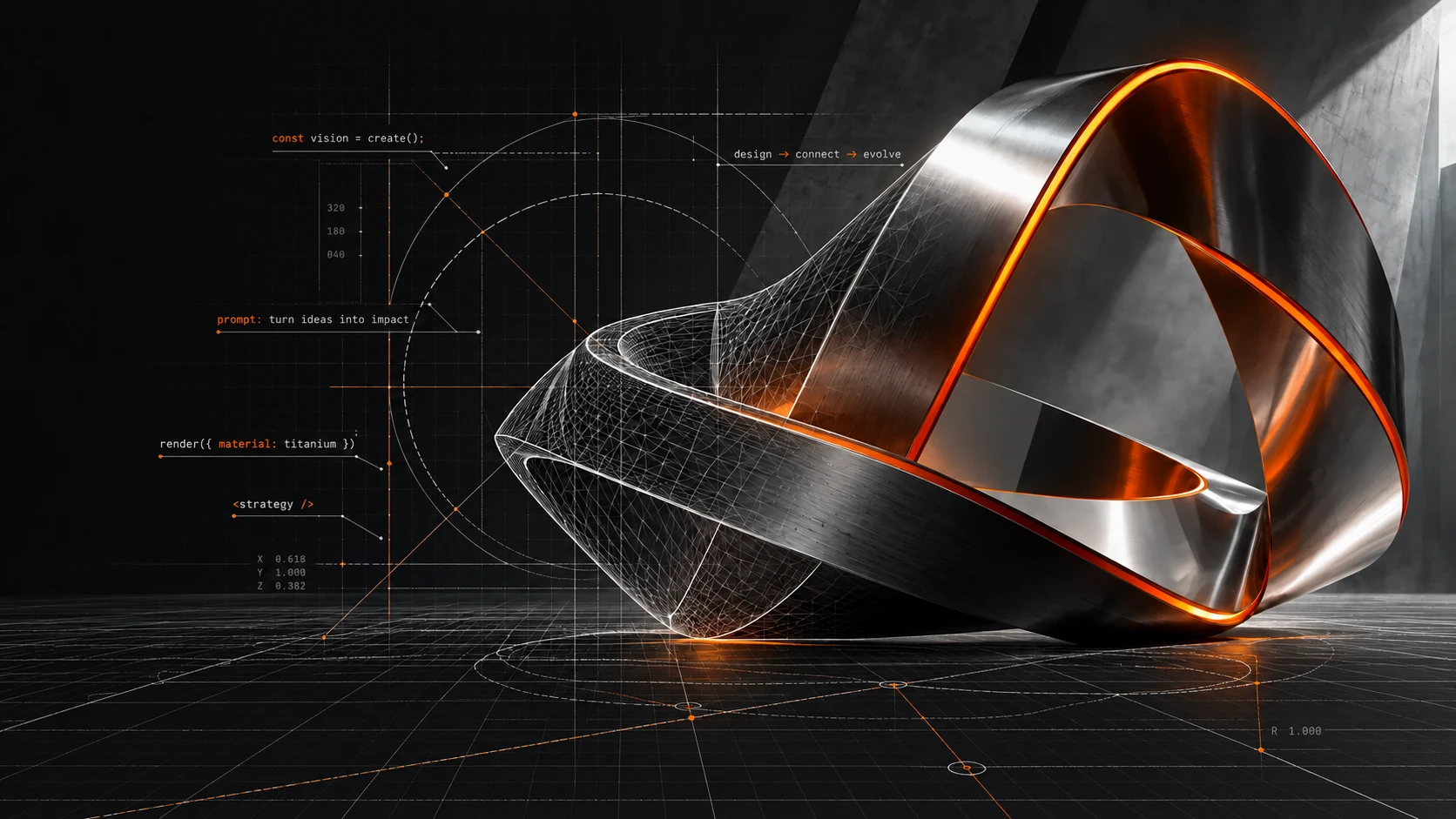 Blueprint com malha aramada, códigos e prompts que se transforma em uma escultura metálica iluminada em laranja, sobre um chão de desenho técnico